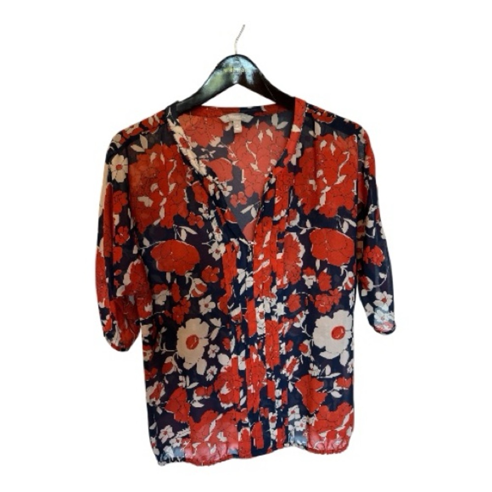 Banana Republic Navy Floral Split-Neck Blouse with Red and White Flowers